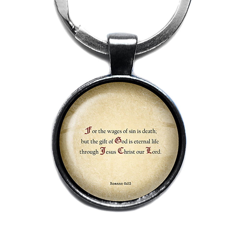 Romans 6:23 The Gift of God is Eternal Life King James Version KJV Bible Antique Silver Keychain