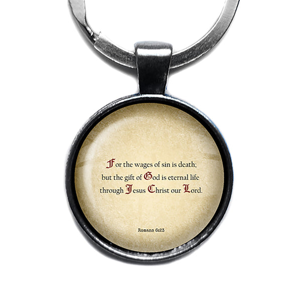Romans 6:23 The Gift of God is Eternal Life King James Version KJV Bible Antique Silver Keychain