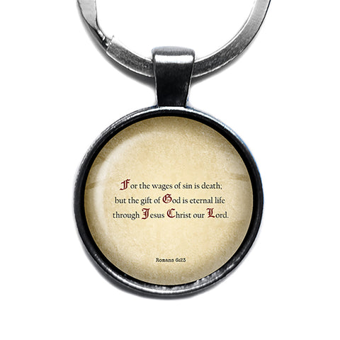 Romans 6:23 The Gift of God is Eternal Life King James Version KJV Bible Antique Silver Keychain