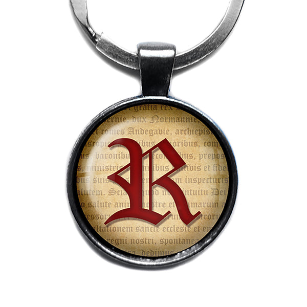 R Letter Old English Gothic Blackletter Magna Carta Antique Silver Keychain