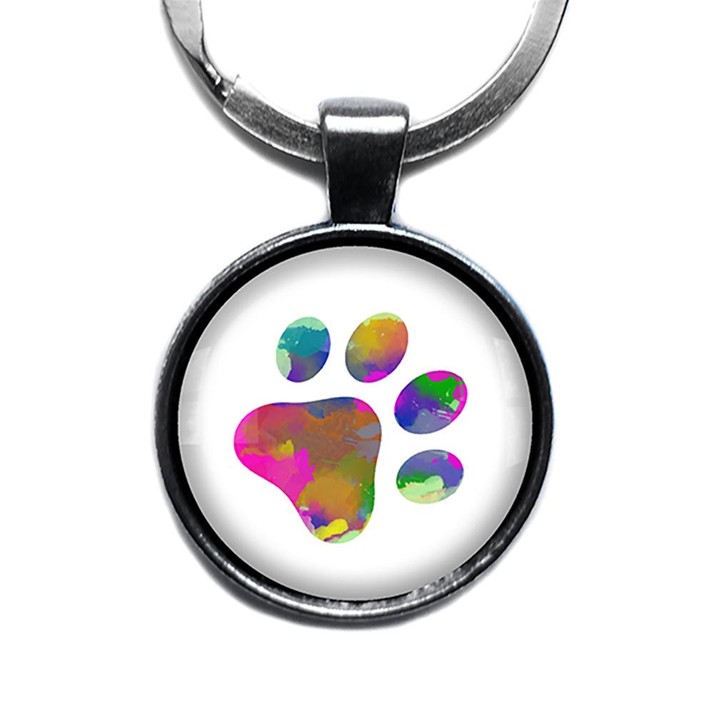 Dog Paw Print Rainbow Watercolor Antique Silver Keychain
