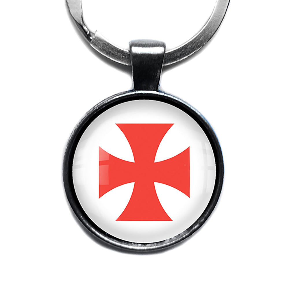 Knights Templar Cross Red on White Antique Silver Keychain