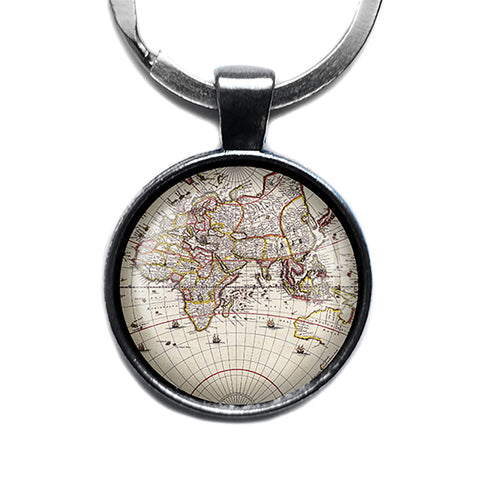 Ancient Old Map UK Europe Russia Asia Antique Silver Keychain