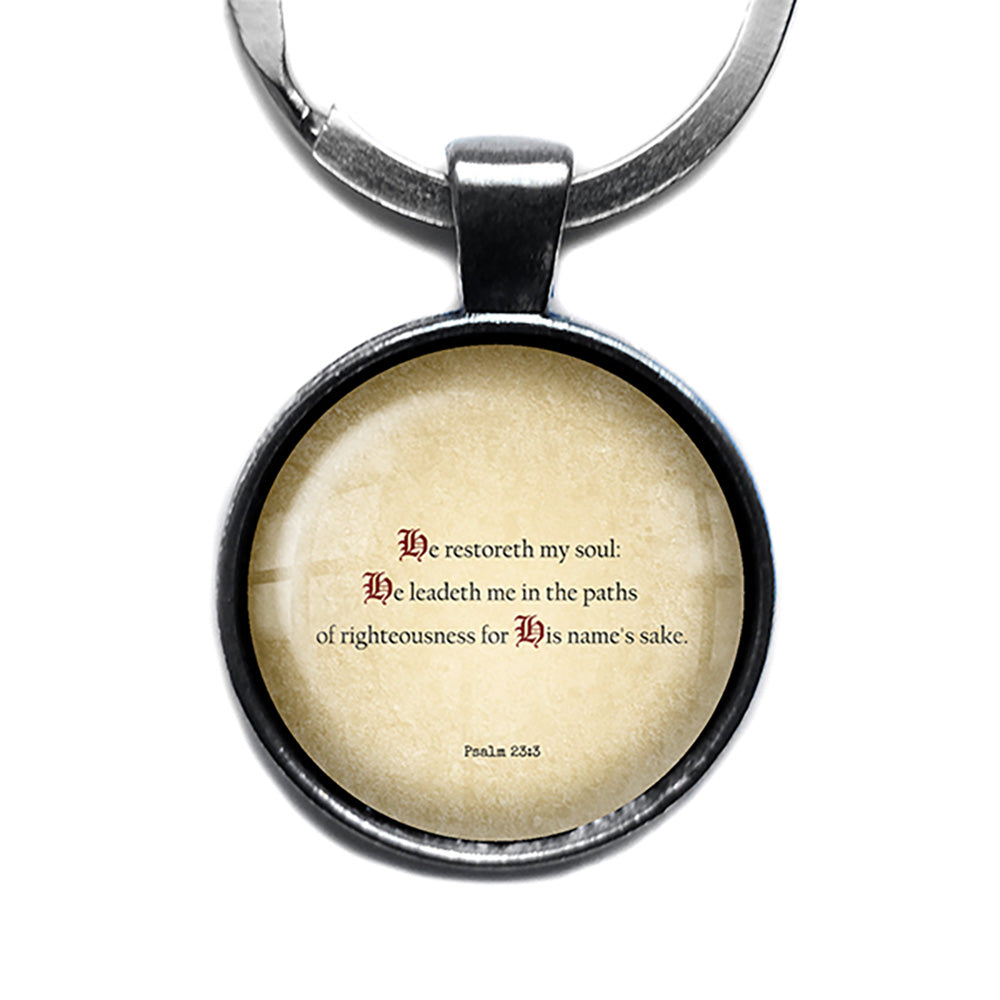 Psalm 23 3 He Restoreth my Soul King James Version KJV Bible Antique Silver Keychain