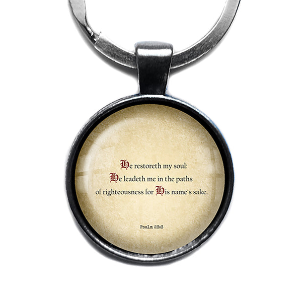 Psalm 23 3 He Restoreth my Soul King James Version KJV Bible Antique Silver Keychain