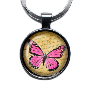 Pink Butterfly Antique Silver Keychain