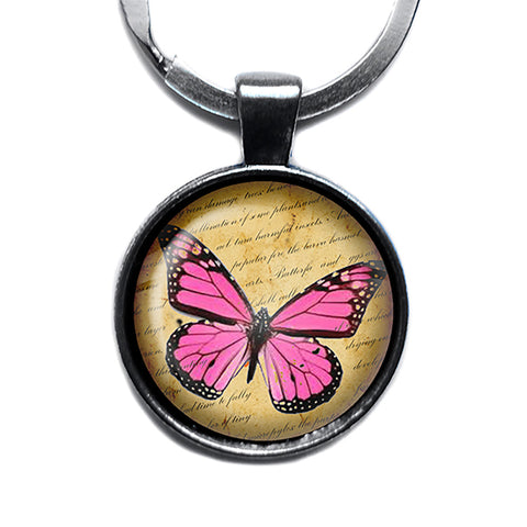 Pink Butterfly Antique Silver Keychain