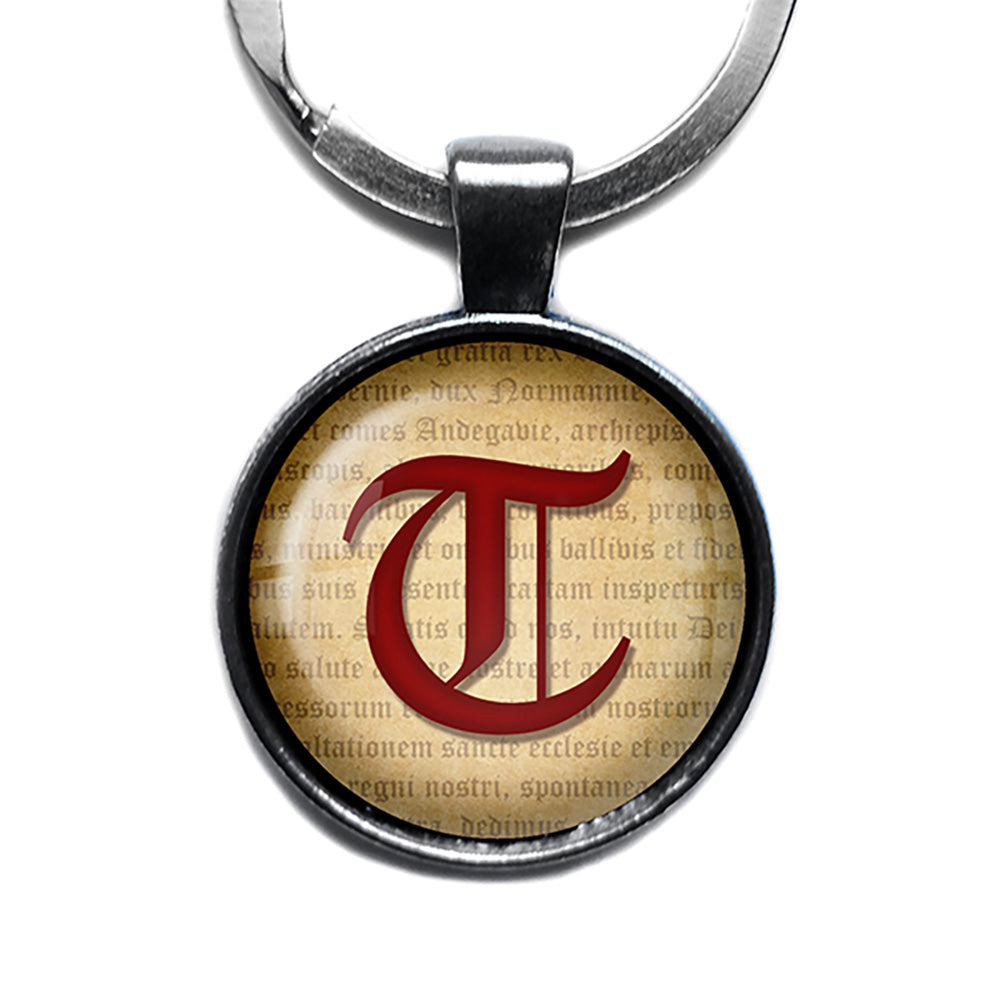 T Letter Old English Gothic Blackletter Magna Carta Antique Silver Keychain