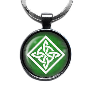 Celtic Knot Square White on Green Antique Silver Keychain