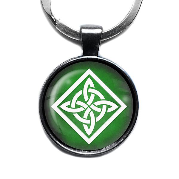 Celtic Knot Square White on Green Antique Silver Keychain
