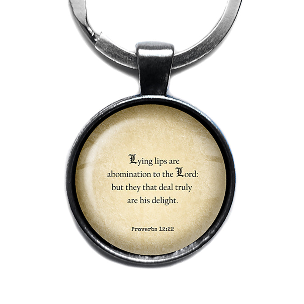 Proverbs 12:22 They that Deal Truly are his Delight King James Version KJV Bible Antique Silver Keychain