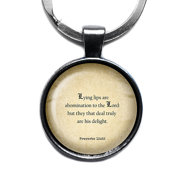 Proverbs 12:22 They that Deal Truly are his Delight King James Version KJV Bible Antique Silver Keychain