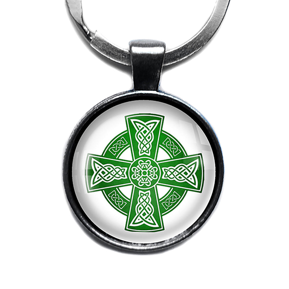 Celtic Cross Green on White Antique Silver Keychain