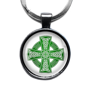 Celtic Cross Green on White Antique Silver Keychain