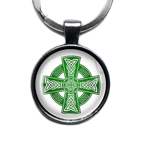 Celtic Cross Green on White Antique Silver Keychain
