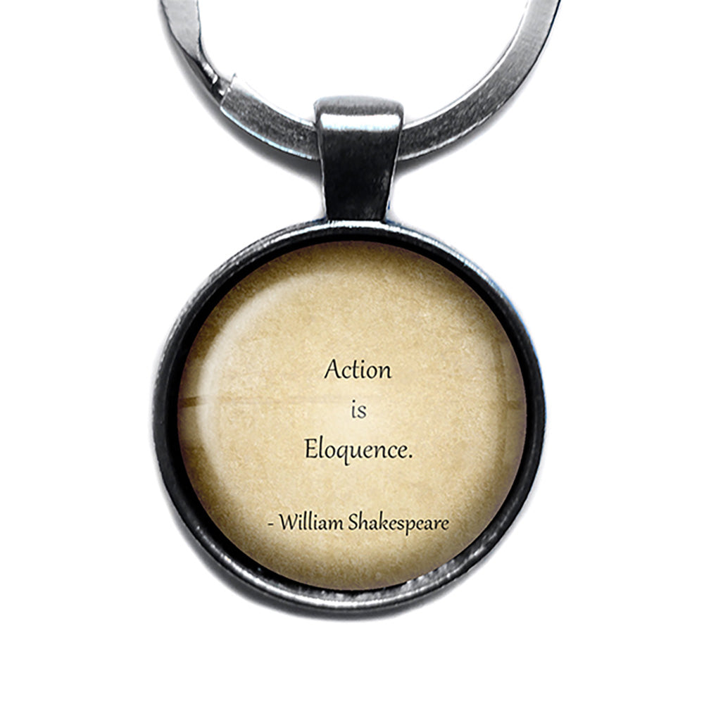 William Shakespeare Action is Eloquence Antique Silver Keychain