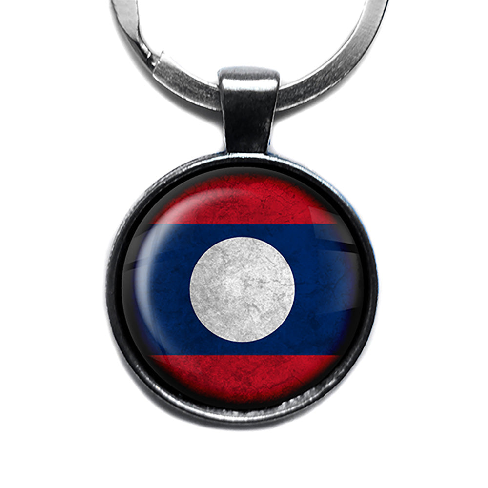 Laos Laotian Flag Antique Silver Keychain