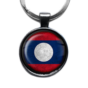 Laos Laotian Flag Antique Silver Keychain
