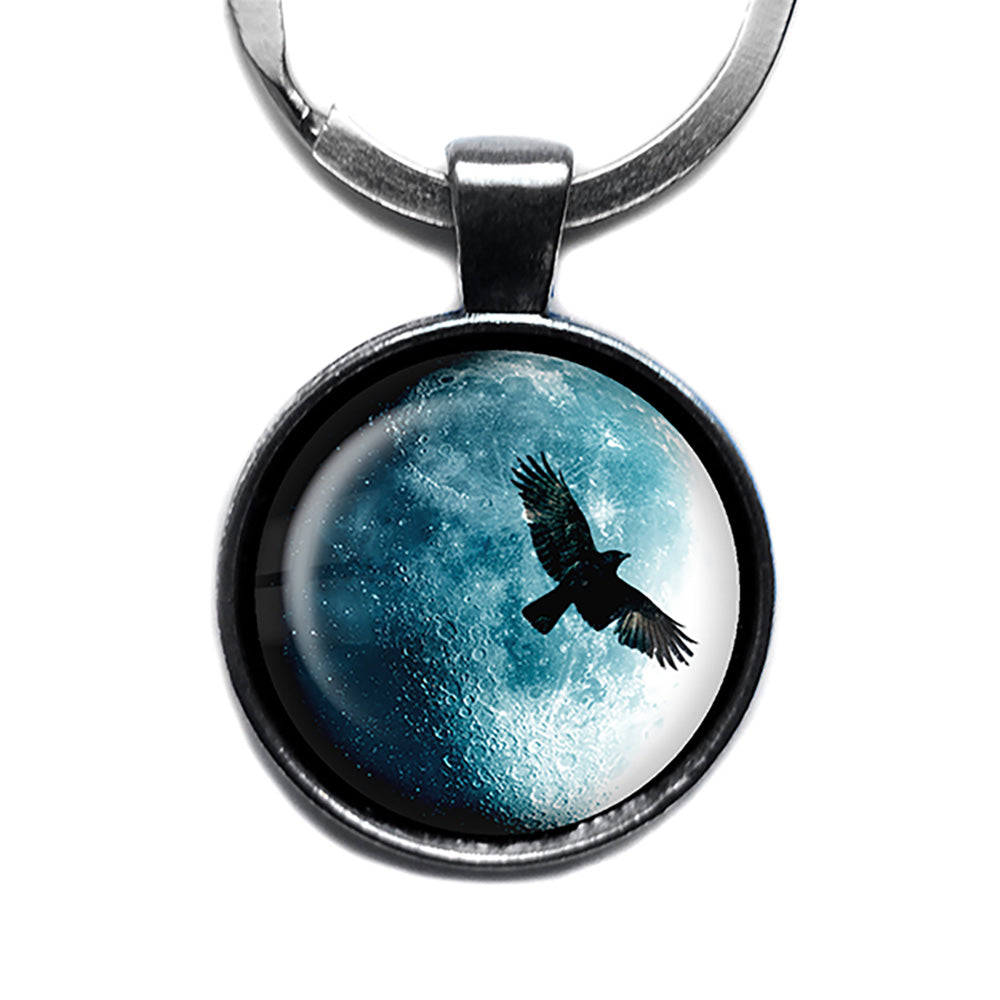 Halloween Full Moon Raven Antique Silver Keychain