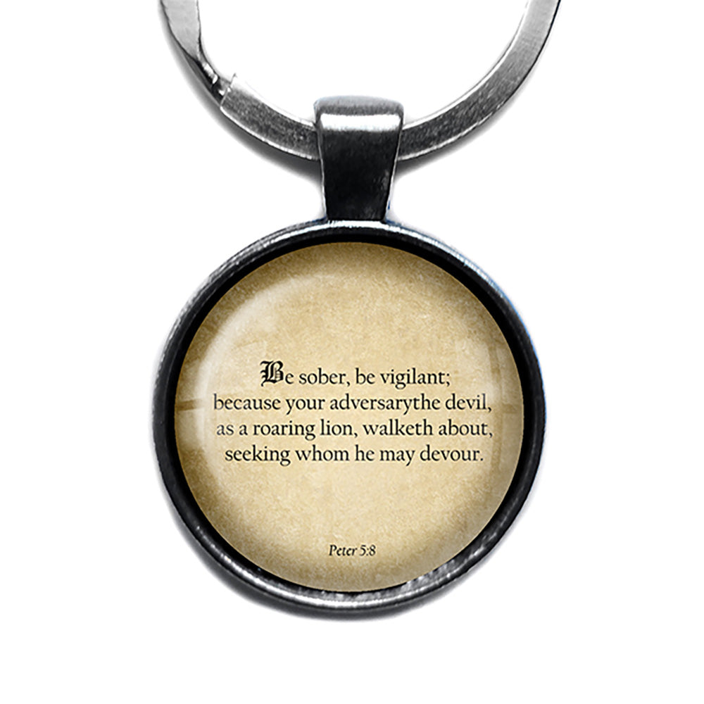 Peter 5:8 Be Sober Be Vigilant King James Version KJV Bible Antique Silver Keychain