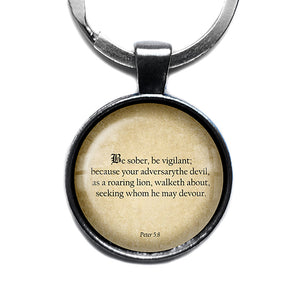 Peter 5:8 Be Sober Be Vigilant King James Version KJV Bible Antique Silver Keychain