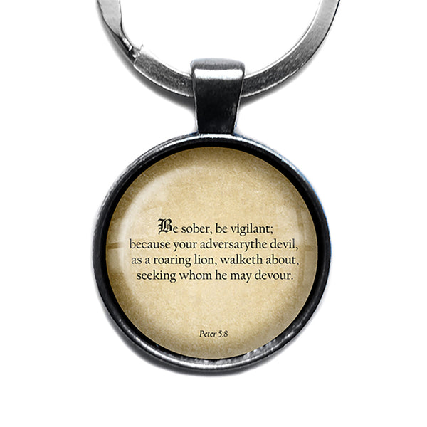 Peter 5:8 Be Sober Be Vigilant King James Version KJV Bible Antique Silver Keychain