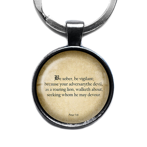 Peter 5:8 Be Sober Be Vigilant King James Version KJV Bible Antique Silver Keychain