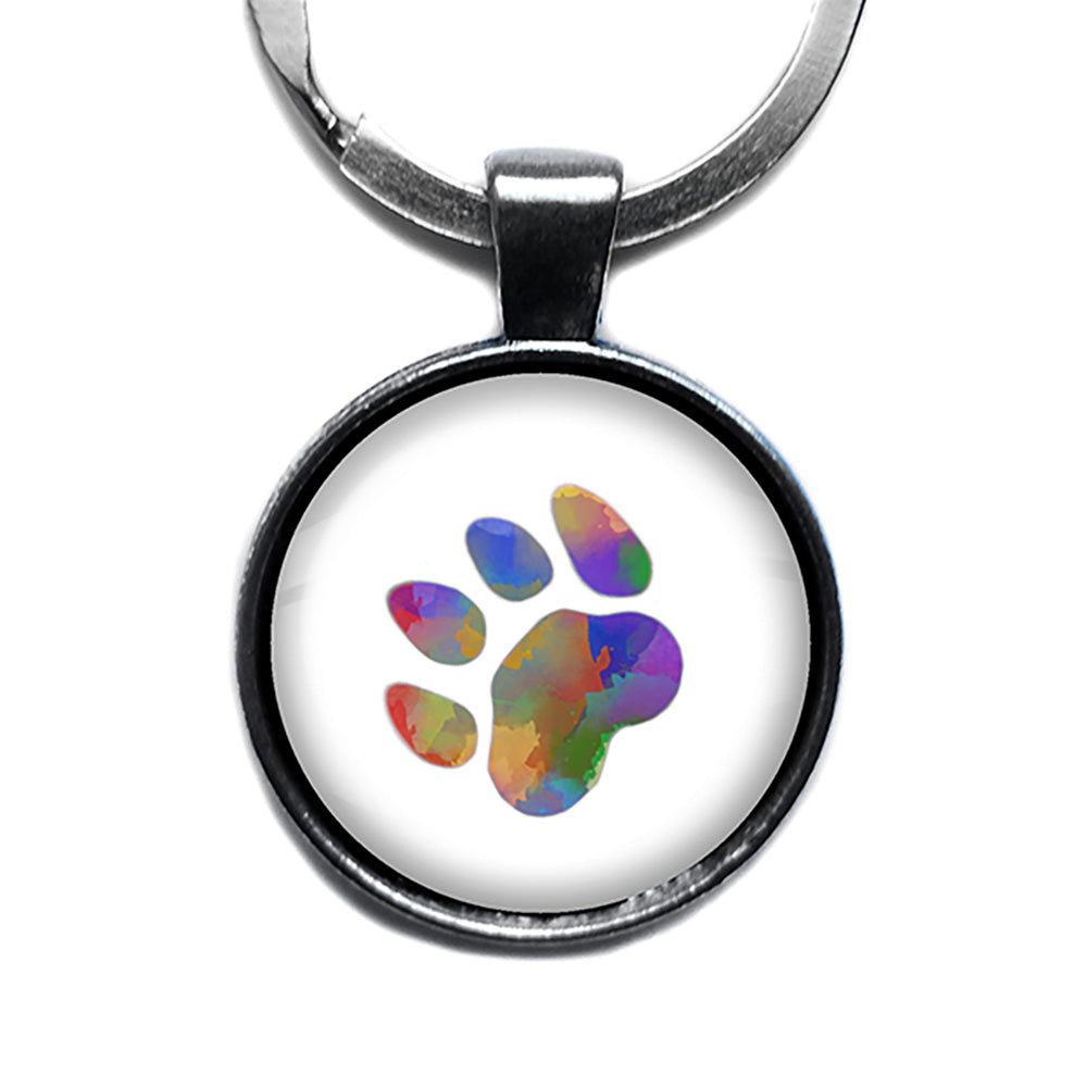 Cat Paw Print Rainbow Watercolor Antique Silver Keychain