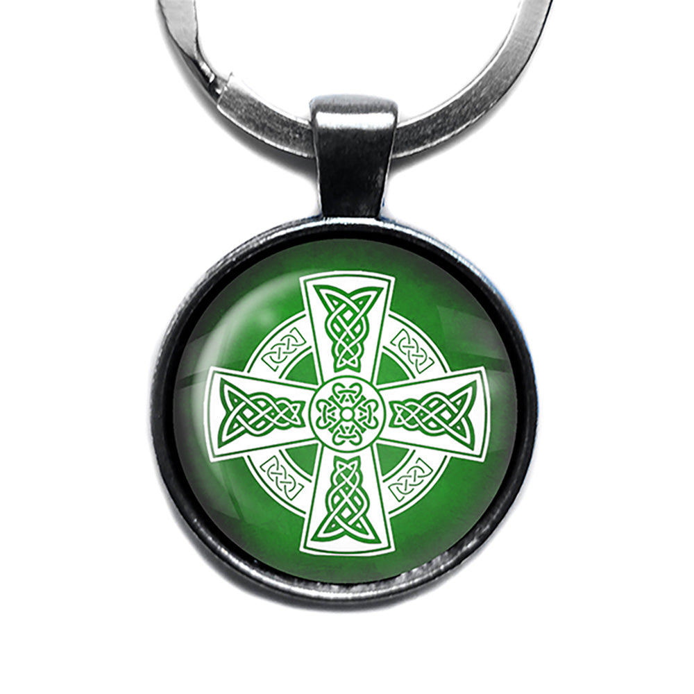 Celtic Cross White on Green Antique Silver Keychain