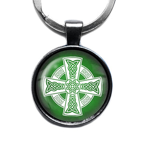 Celtic Cross White on Green Antique Silver Keychain