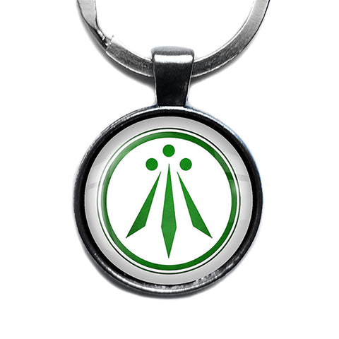 Celtic Symbol The Awen Three Rays of Light White on Green Antique Silver Keychain