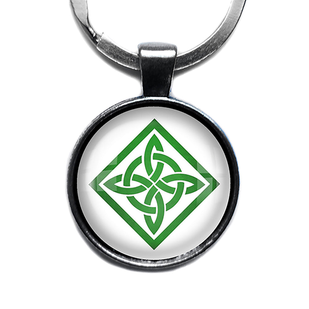 Celtic Knot Square Green on White Antique Silver Keychain
