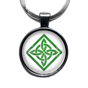 Celtic Knot Square Green on White Antique Silver Keychain
