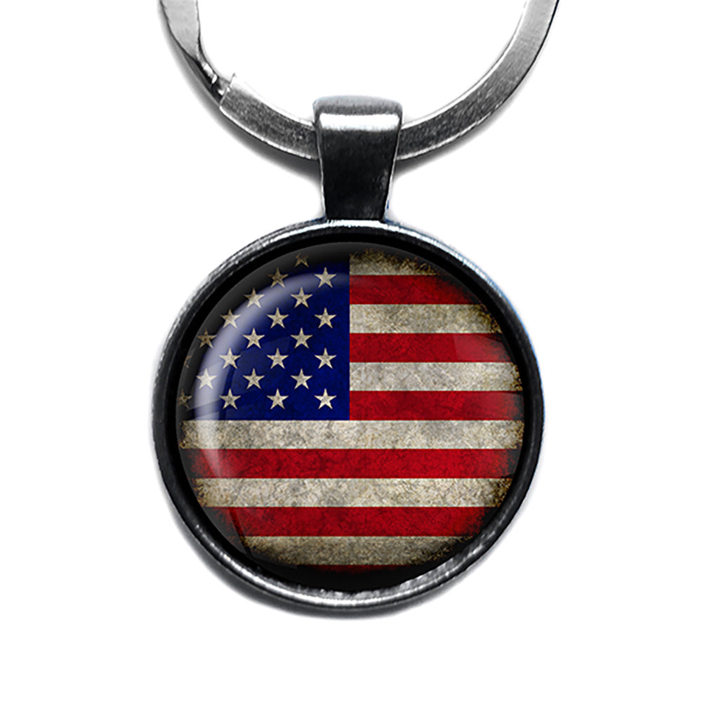 United States of America USA Flag Antique Silver Keychain