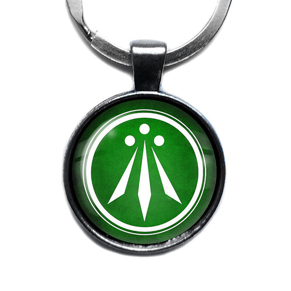 Celtic Symbol The Awen Three Rays of Light Green on White Antique Silver Keychain