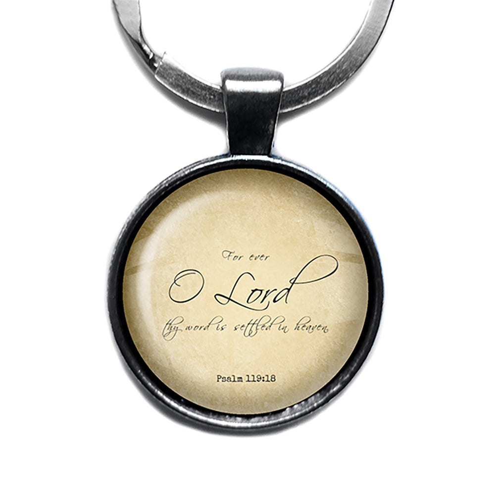 Psalm 119:89 Thy Word is Settled in Heaven King James Version KJV Bible Antique Silver Keychain