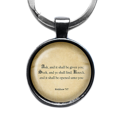 Matthew 7:7 Ask and it Shall be Given Seek Find King James Version KJV Bible Antique Silver Keychain