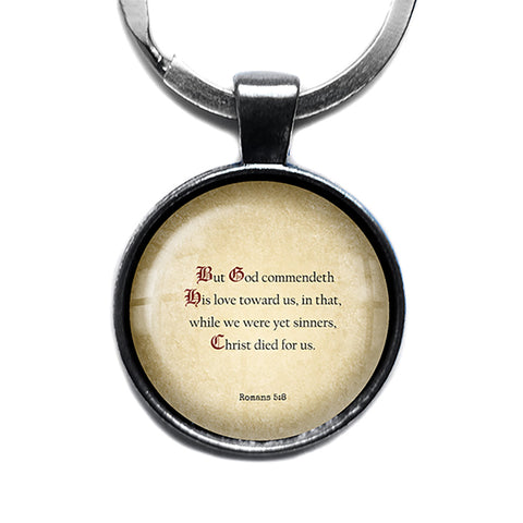 Romans 5:8 God Commendeth His Love Toward Us King James Version KJV Bible Antique Silver Keychain