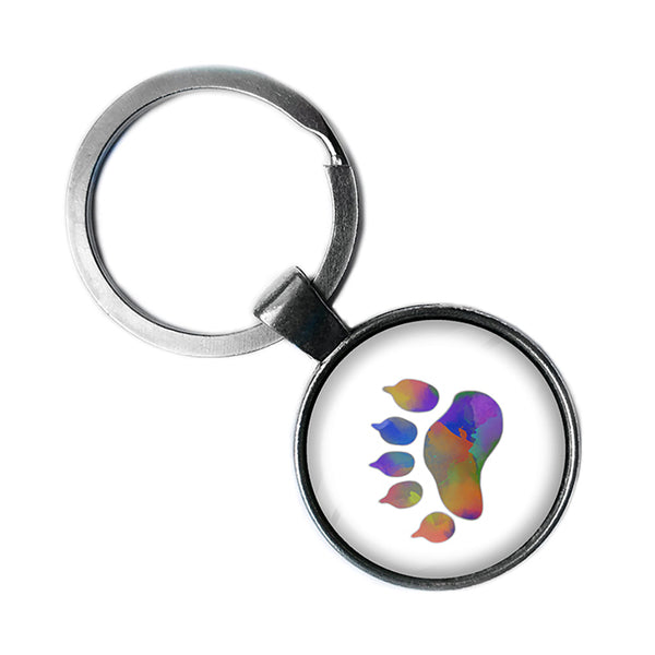 Bear Paw Print Rainbow Watercolor Antique Silver Keychain