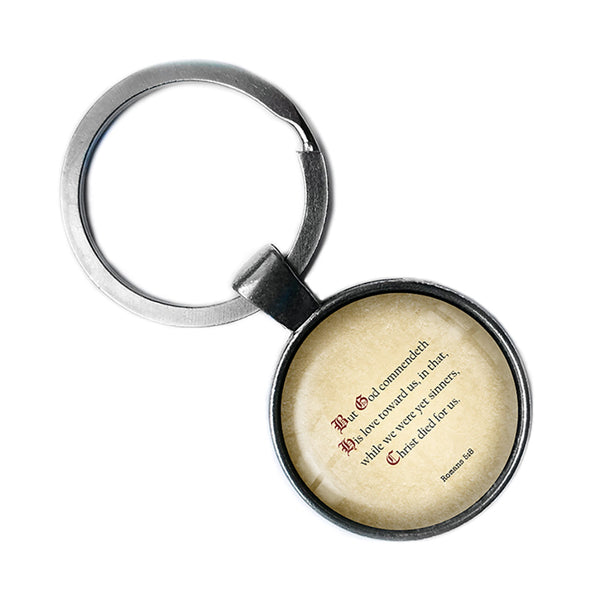 Romans 5:8 God Commendeth His Love Toward Us King James Version KJV Bible Antique Silver Keychain