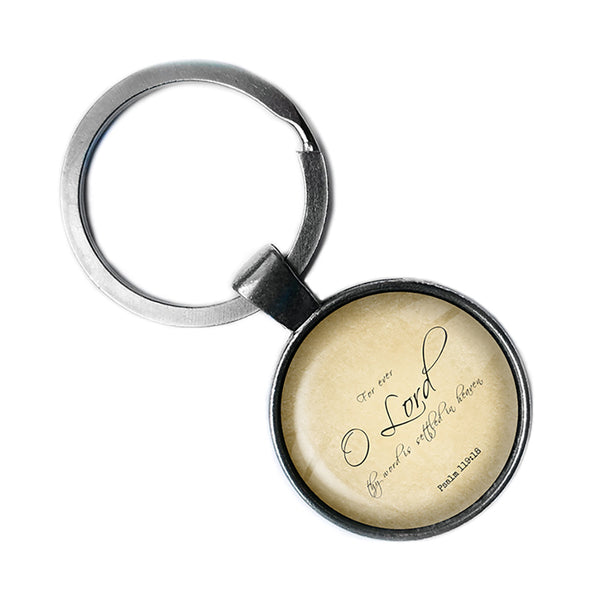 Psalm 119:89 Thy Word is Settled in Heaven King James Version KJV Bible Antique Silver Keychain