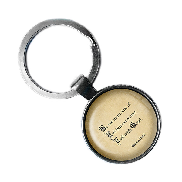 Romans 12:21 Be Not Overcome of Evil King James Version KJV Bible Antique Silver Keychain