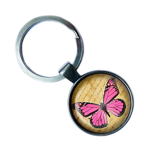 Pink Butterfly Antique Silver Keychain