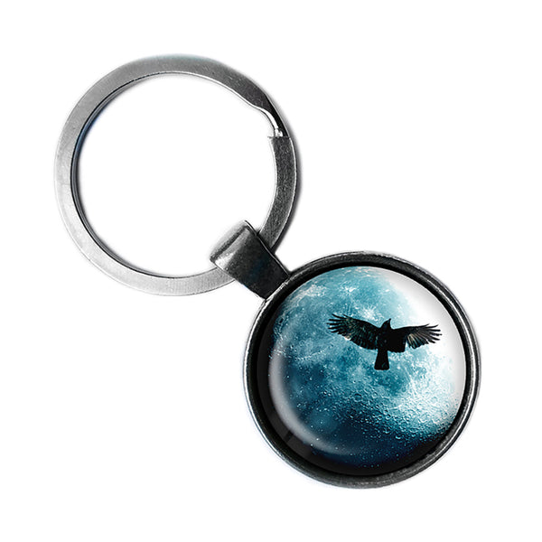 Halloween Full Moon Raven Antique Silver Keychain