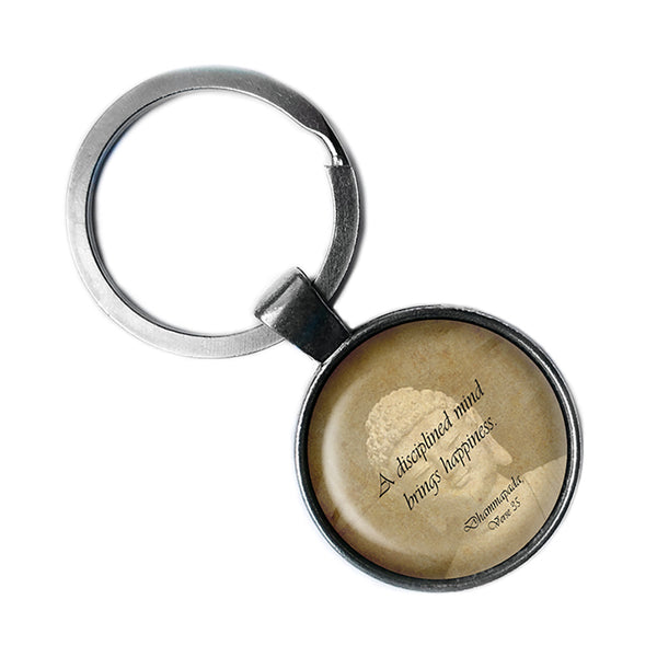 The Buddha Dhammapada Verse 35 Disciplined Mind Brings Happiness Antique Silver Keychain