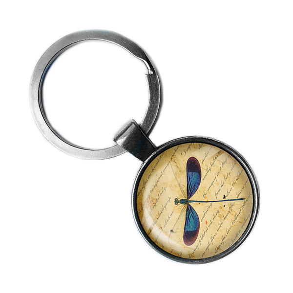 Blue Dragonfly on Parchment Antique Silver Keychain