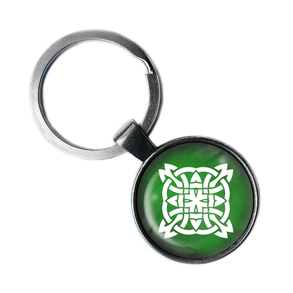 Celtic Knot Circle White on Green Antique Silver Keychain