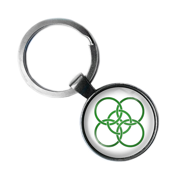 Celtic Five Fold Circle Green on White Antique Silver Keychain