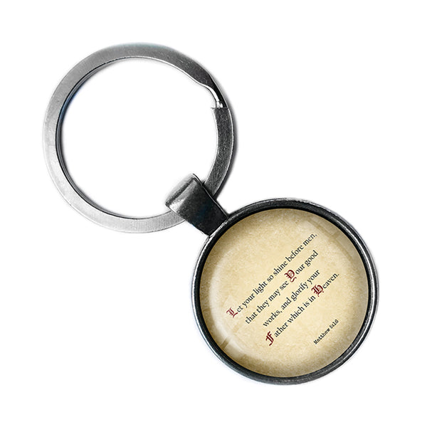Matthew 5:16 Let your Light so Shine Before Men King James Version KJV Bible Antique Silver Keychain
