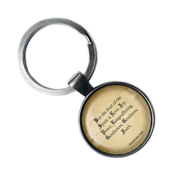 Galatians 5:22  Fruit of the Spirit love Joy Peace King James Version KJV Bible Antique Silver Keychain